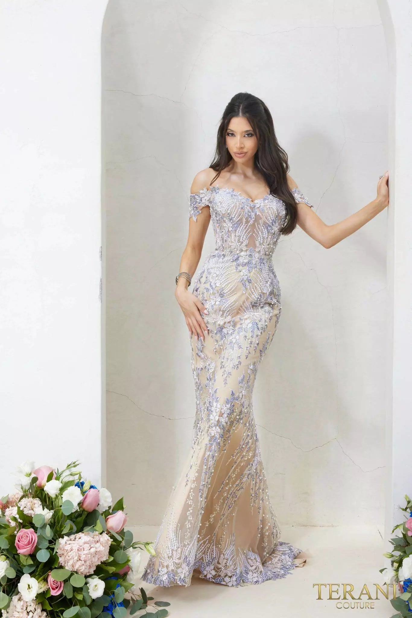 Terani Couture 232GL1493 Trumpet Off-Shoulder Tulle Cream Nude Evening Dress B Chic Fashions Long Dress Evening Gowns