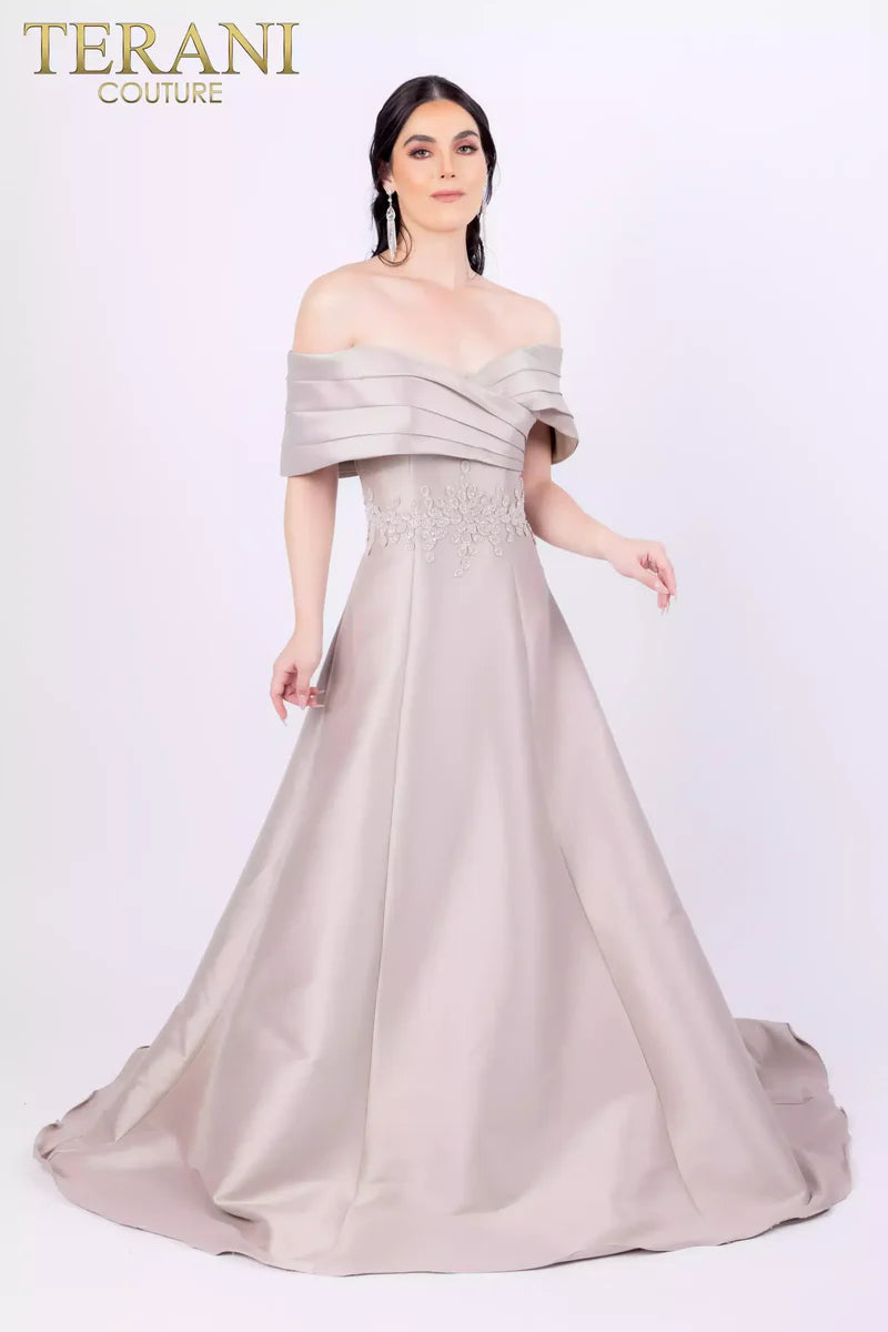 Terani Couture 232M1511 Pink Off-Shoulder Pleated Neckline Embroidered Stretch Mikado A-Line Ballgown