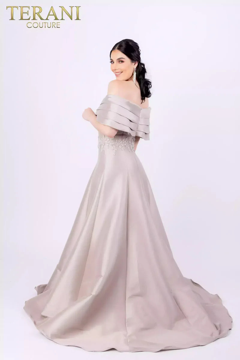 Terani Couture 232M1511 Pink Off-Shoulder Pleated Neckline Embroidered Stretch Mikado A-Line Ballgown