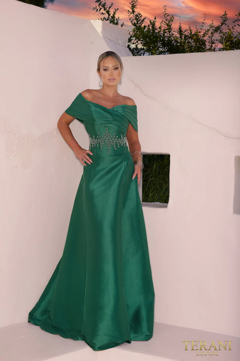 Terani Couture 232M1511 Pink Off-Shoulder Pleated Neckline Embroidered Stretch Mikado A-Line Ballgown