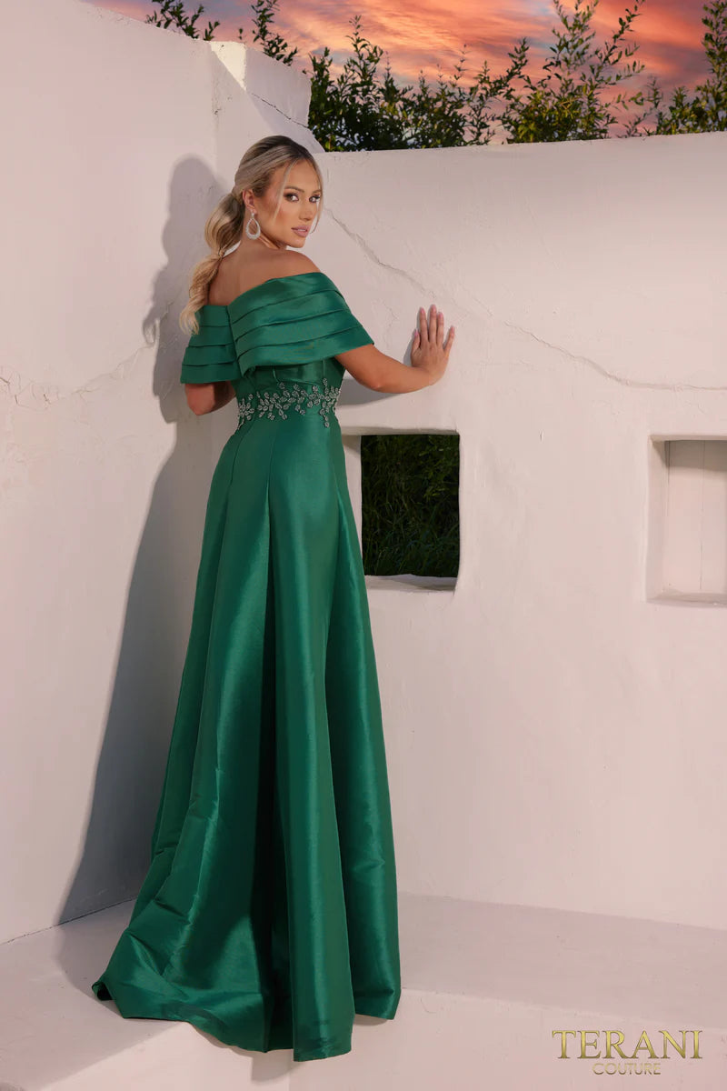 Terani Couture 232M1511 Pink Off-Shoulder Pleated Neckline Embroidered Stretch Mikado A-Line Ballgown