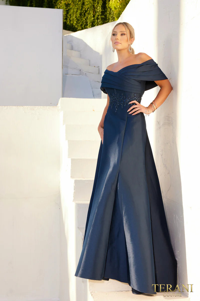 Terani Couture 232M1511 Pink Off-Shoulder Pleated Neckline Embroidered Stretch Mikado A-Line Ballgown