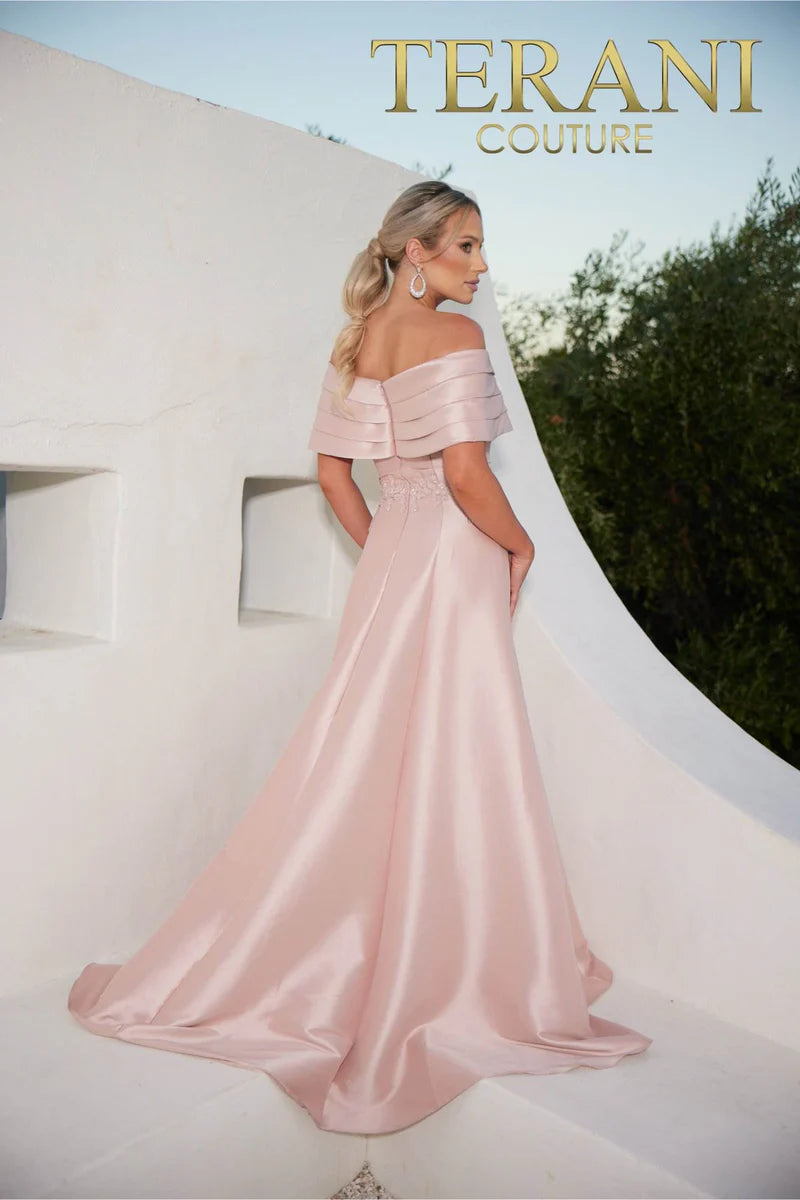 Terani Couture 232M1511 Pink Off-Shoulder Pleated Neckline Embroidered Stretch Mikado A-Line Ballgown