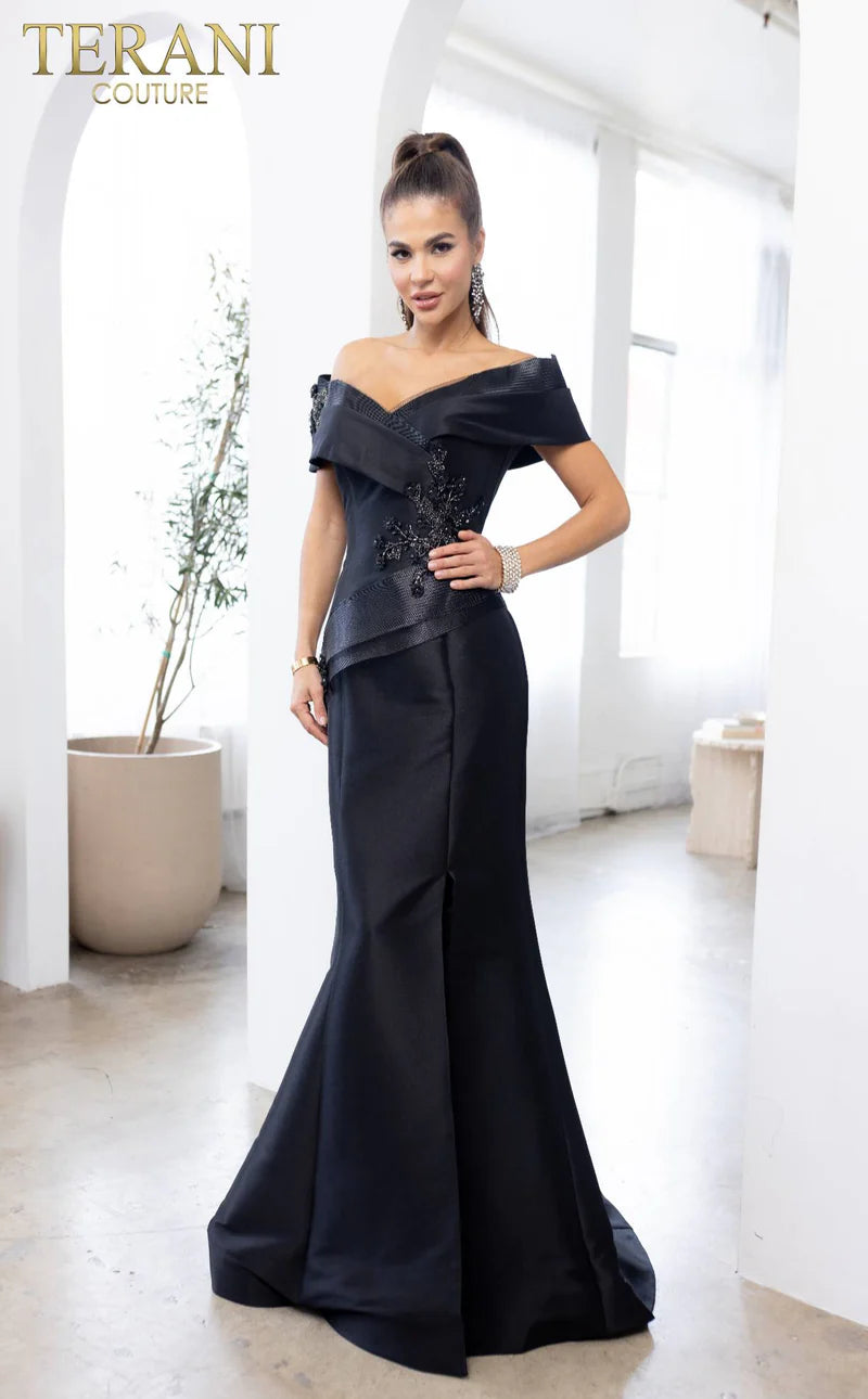 Terani Couture 232M1530 Navy Pleated Off-The-Shoulder Embellished Stretch Mikado Mermaid Gown with Slit
