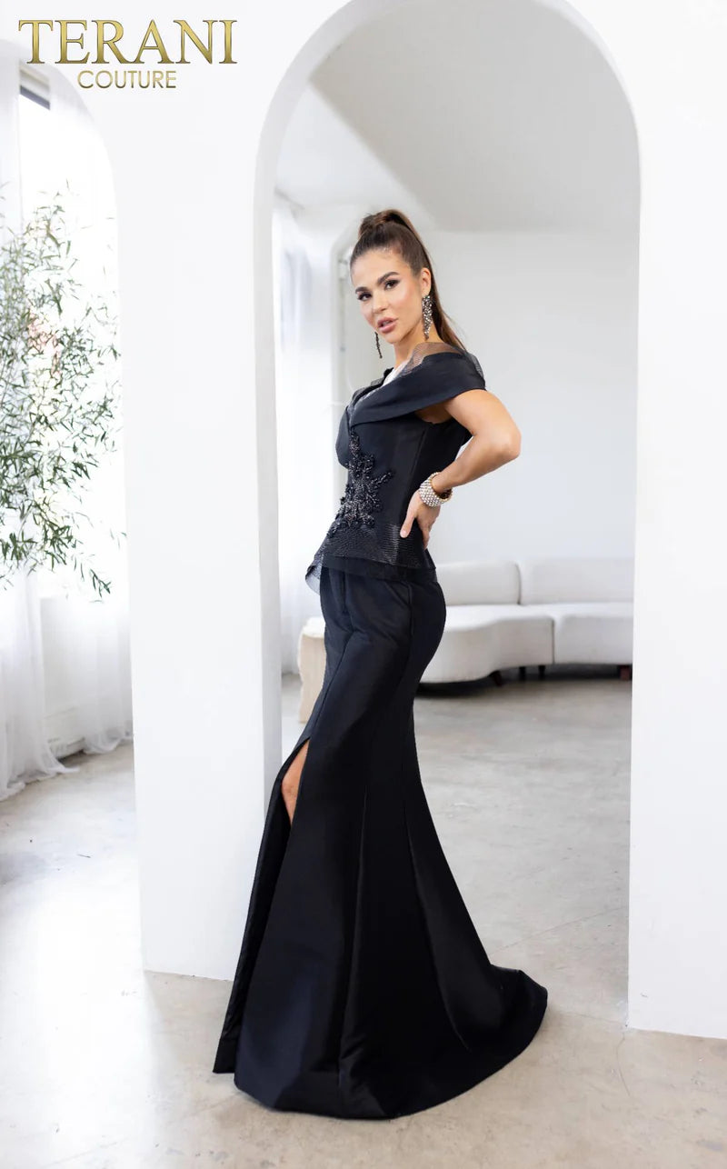 Terani Couture 232M1530 Navy Pleated Off-The-Shoulder Embellished Stretch Mikado Mermaid Gown with Slit