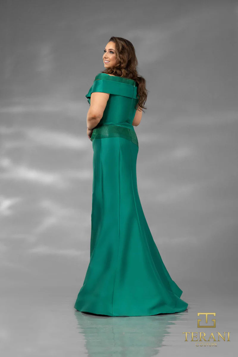 Terani Couture 232M1530 Navy Pleated Off-The-Shoulder Embellished Stretch Mikado Mermaid Gown with Slit