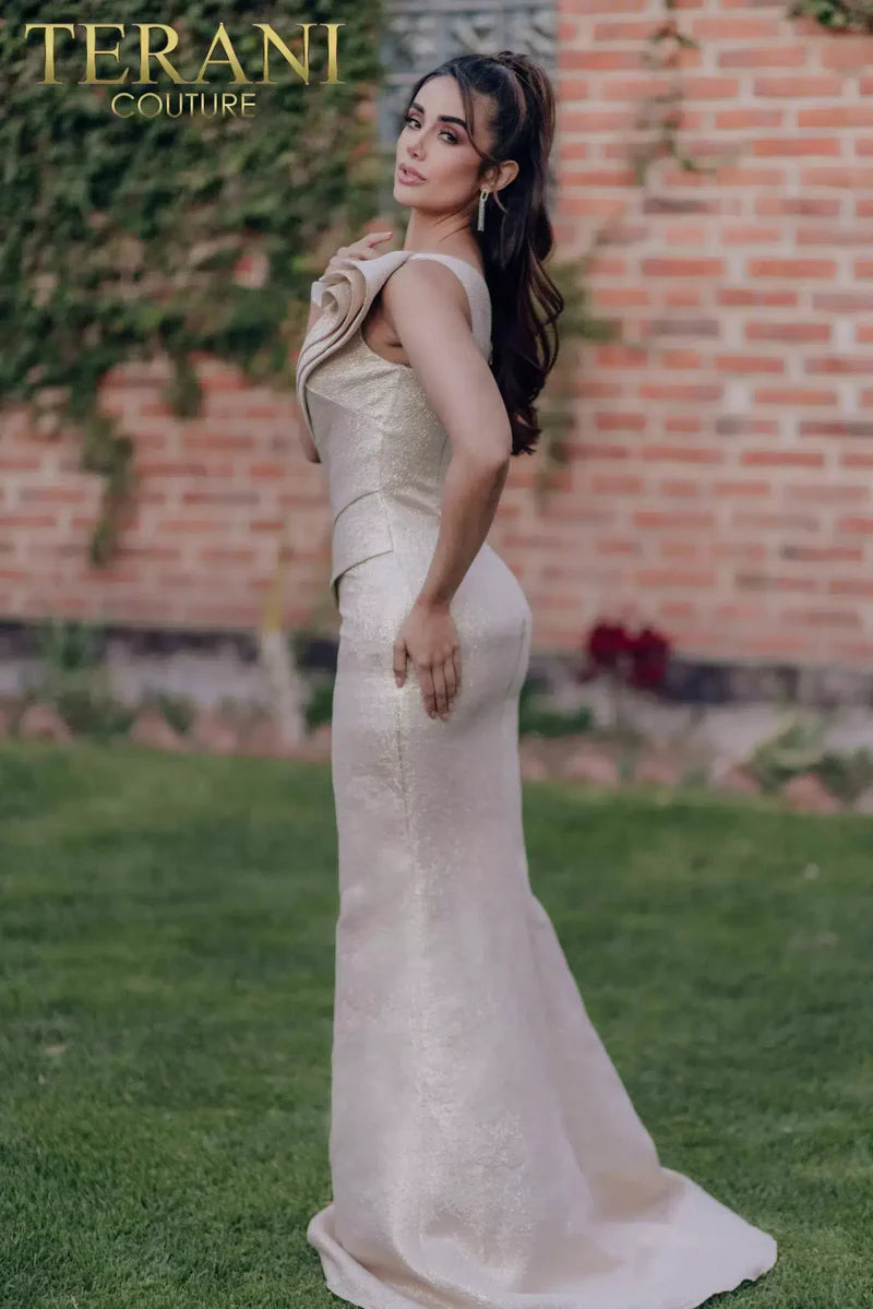 Terani Couture 232E1208 Silver Asymmetrical One-Shoulder Metallic Jacquard Sculpted Mermaid Gown