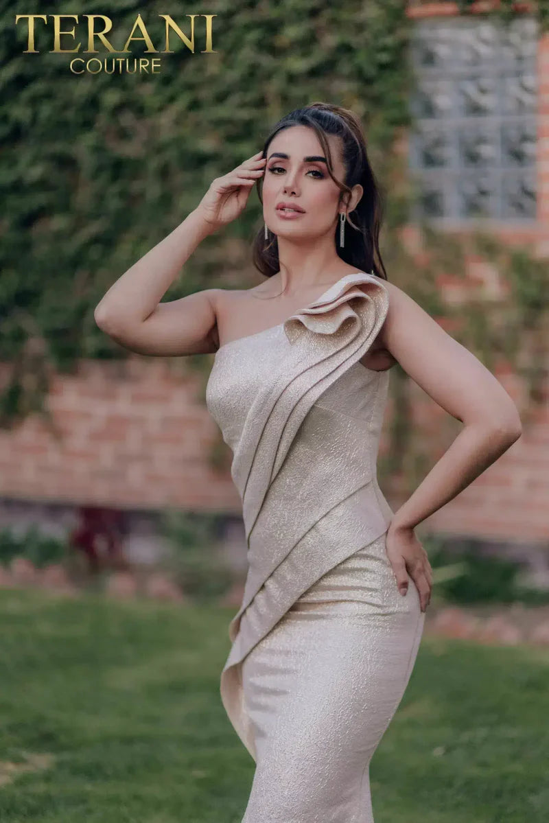 Terani Couture 232E1208 Silver Asymmetrical One-Shoulder Metallic Jacquard Sculpted Mermaid Gown