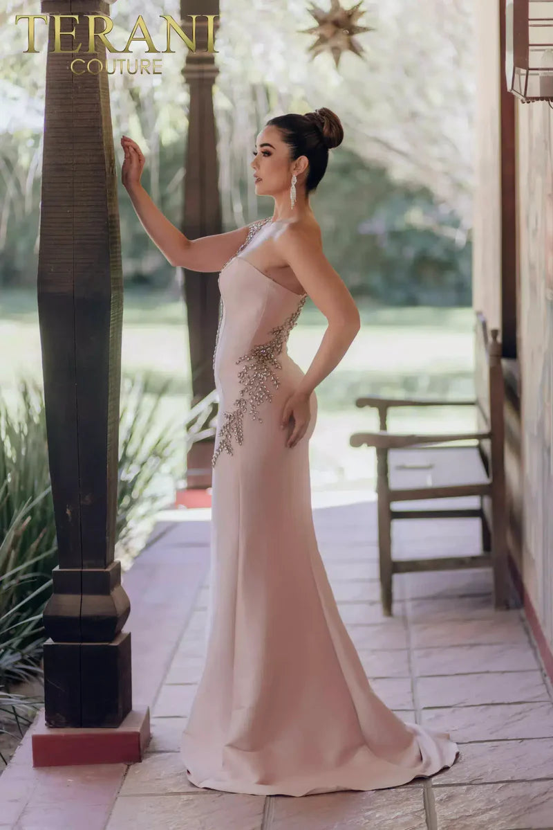 Terani Couture 232E1231 Pink Sleeveless Asymmetrical Beaded Vine Embroidery Mikado Sheath Gown