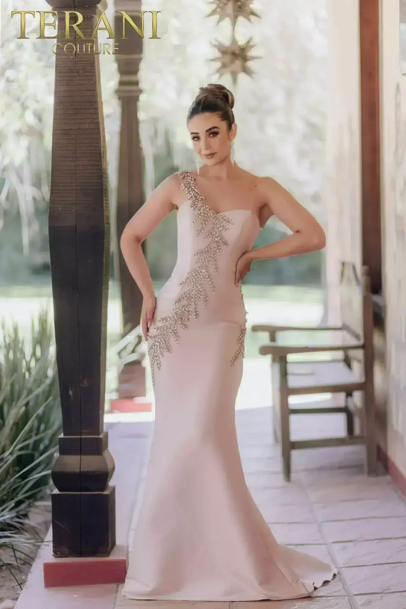 Terani Couture 232E1231 Pink Sleeveless Asymmetrical Beaded Vine Embroidery Mikado Sheath Gown