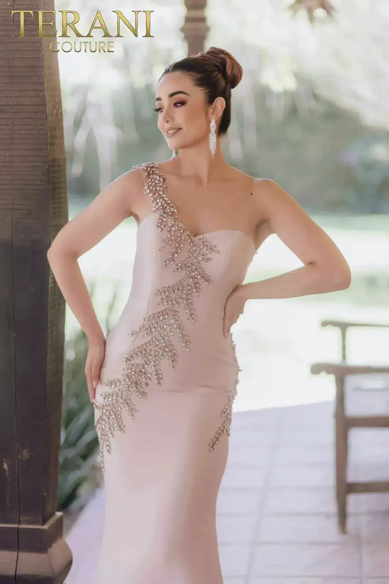 Terani Couture 232E1231 Pink Sleeveless Asymmetrical Beaded Vine Embroidery Mikado Sheath Gown