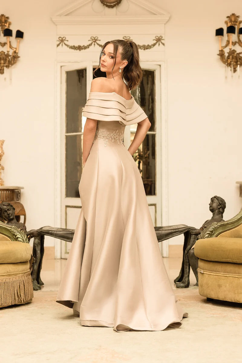 Terani Couture 232M1511 Pink Off-Shoulder Pleated Neckline Embroidered Stretch Mikado A-Line Ballgown