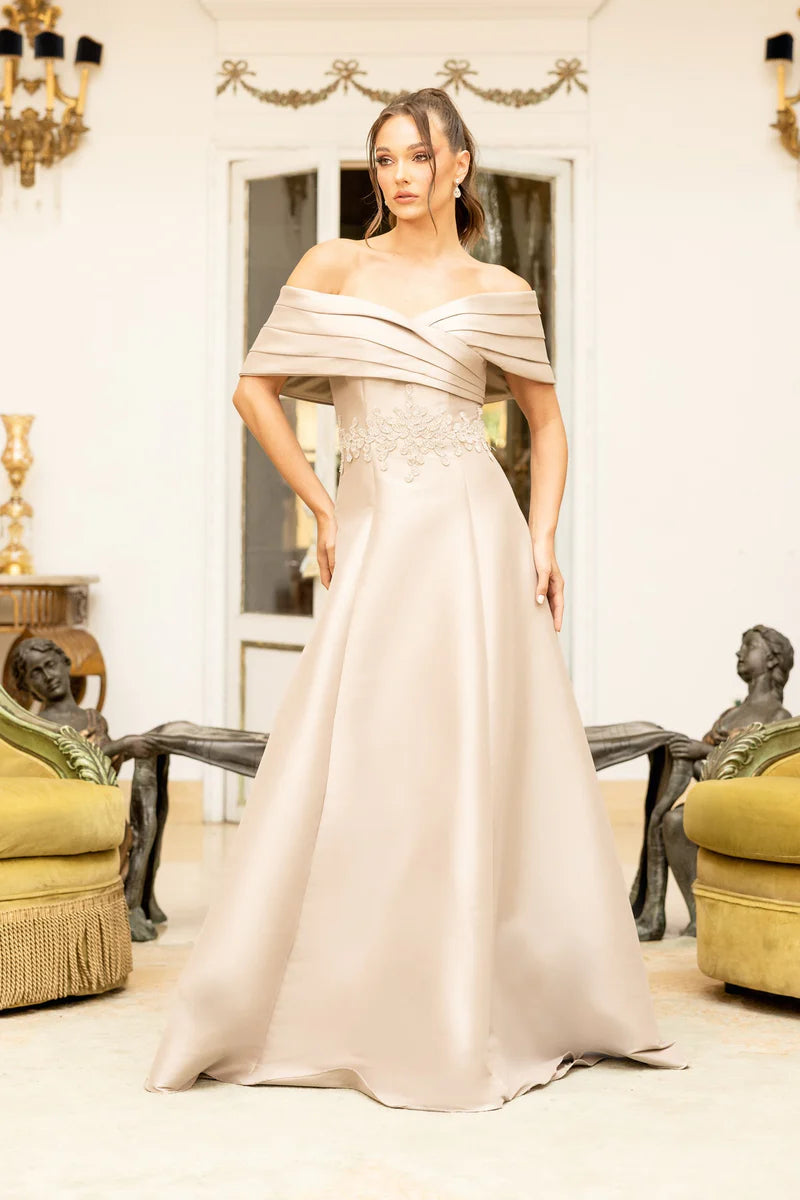Terani Couture 232M1511 Pink Off-Shoulder Pleated Neckline Embroidered Stretch Mikado A-Line Ballgown