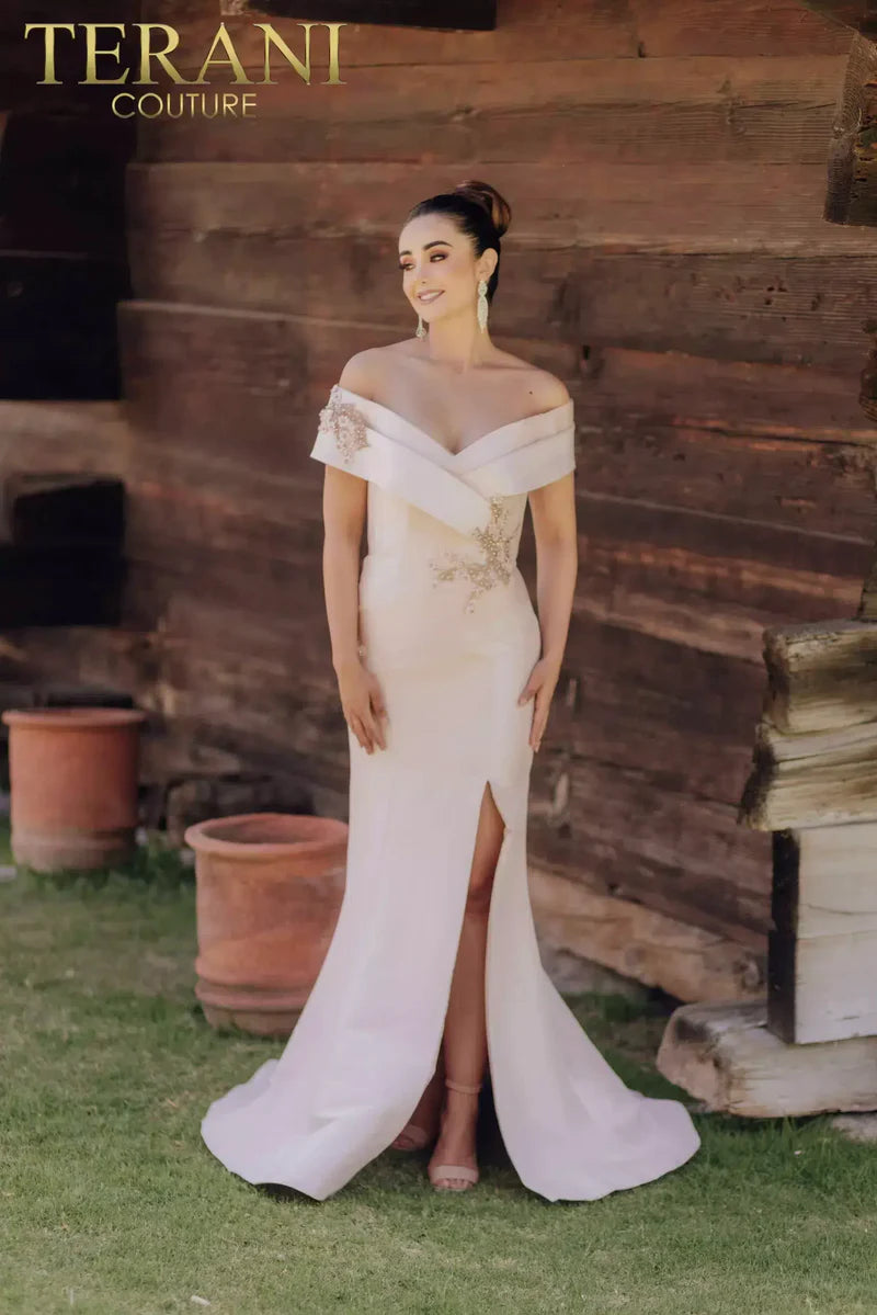 Terani Couture 232M1530 Navy Pleated Off-The-Shoulder Embellished Stretch Mikado Mermaid Gown with Slit