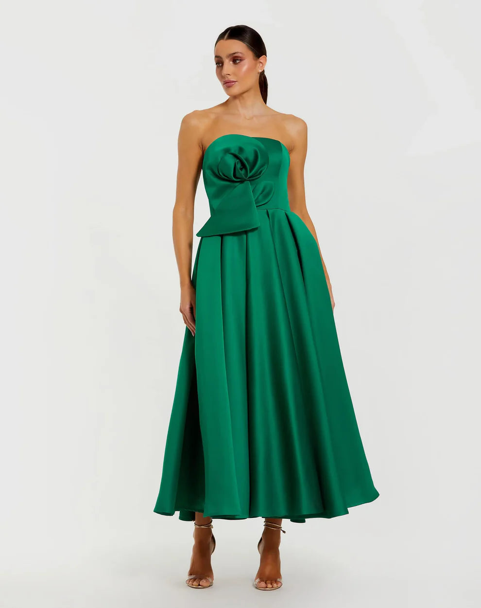 Mac Duggal 2330 Strapless Satin A Line Midi Dress With 3D Flower
