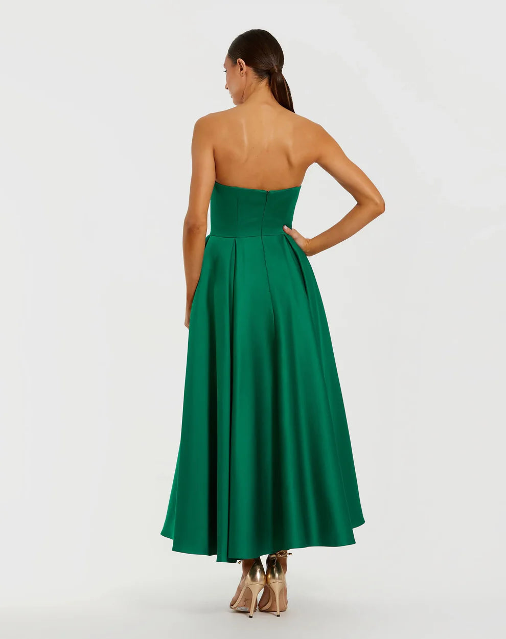Mac Duggal 2330 Strapless Satin A Line Midi Dress With 3D Flower