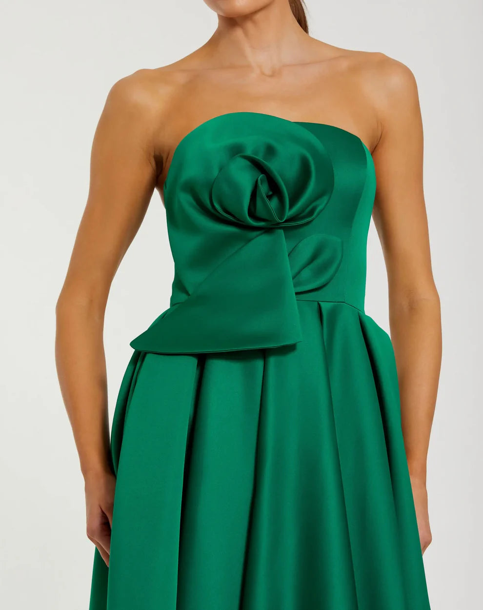 Mac Duggal 2330 Strapless Satin A Line Midi Dress With 3D Flower