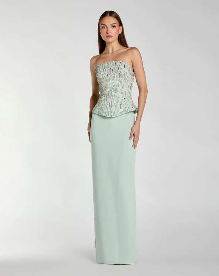 Mac Duggal 2366 Green Strapless Column Gown with Rhinestone and Crystal Embellished Bodice