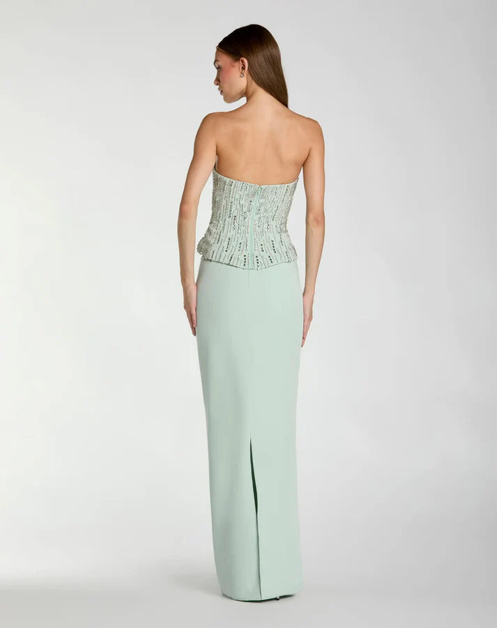 Mac Duggal 2366 Green Strapless Column Gown with Rhinestone and Crystal Embellished Bodice
