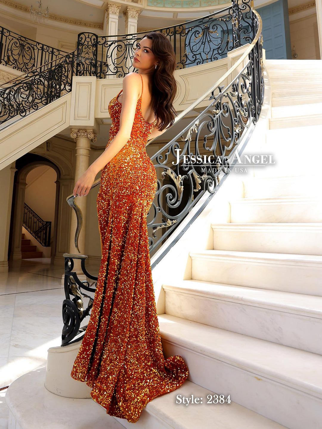 Jessica Angel Style JA2384 Floor-Length Orange Sequin Dress with Thigh-High Slit and Sweetheart Neckline (Back Side)