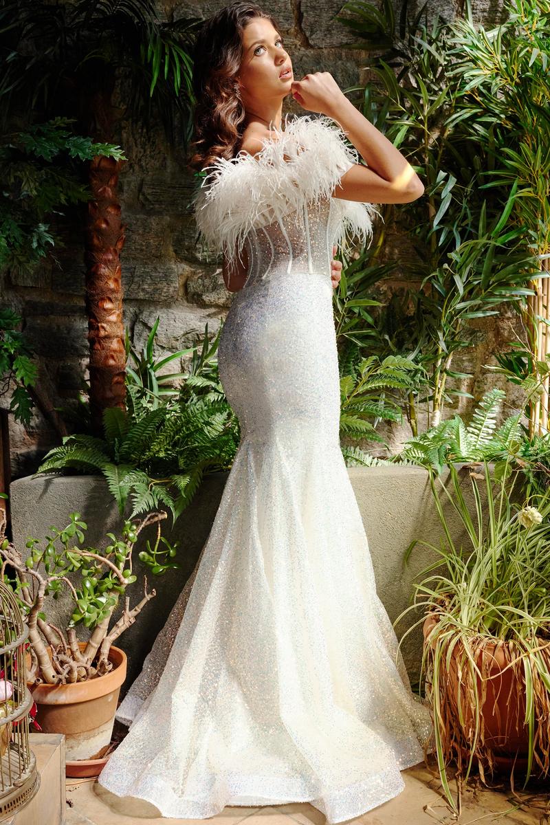 Jovani 23958 Off the Shoulder Feather Neckline Gown