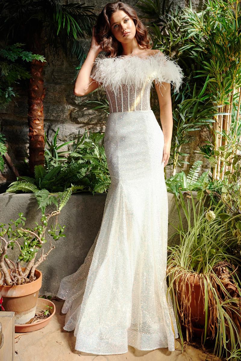 Jovani 23958 Off the Shoulder Feather Neckline Gown