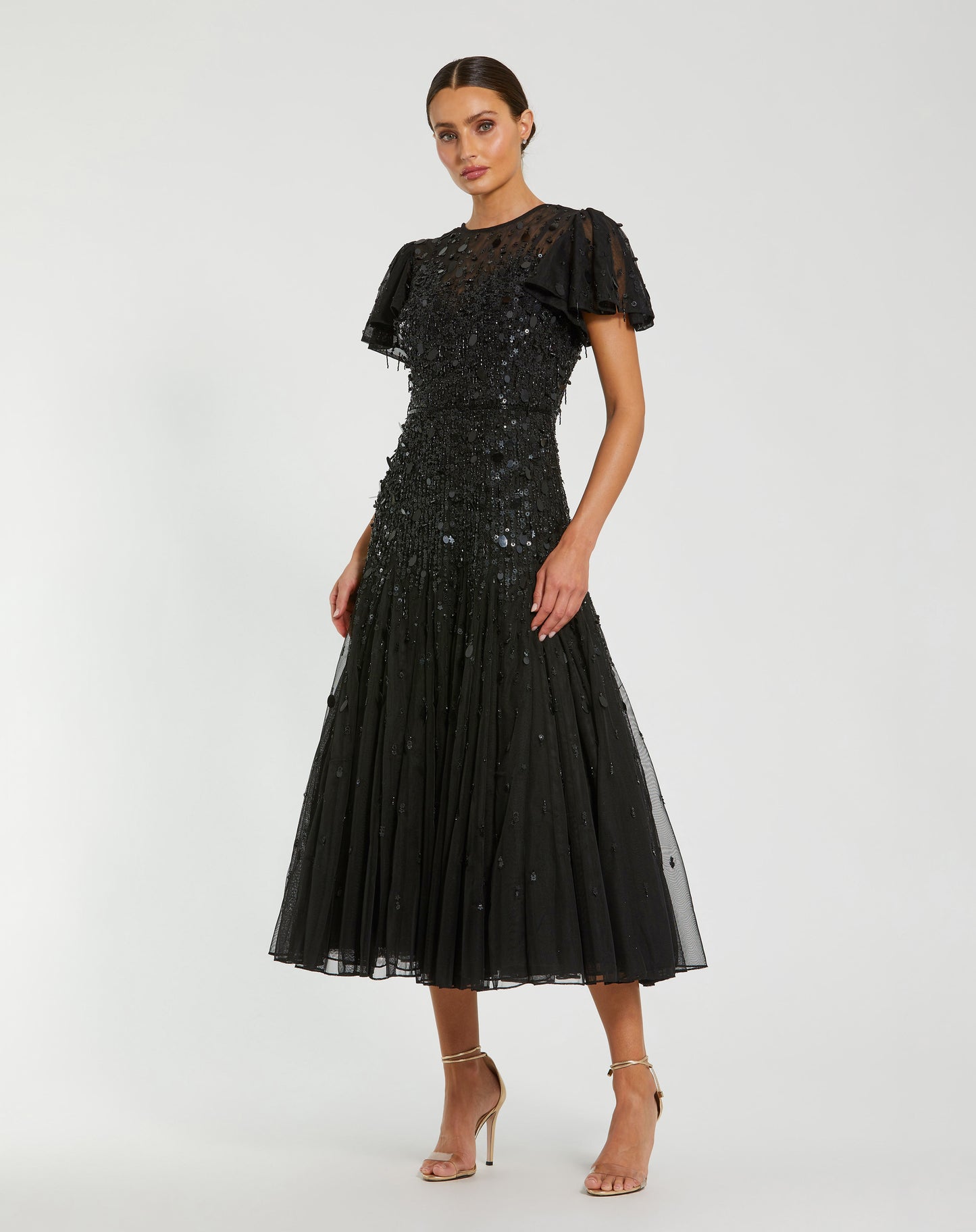 Mac Duggal 24018 Flutter Sleeve Sheer Top Beaded Dress