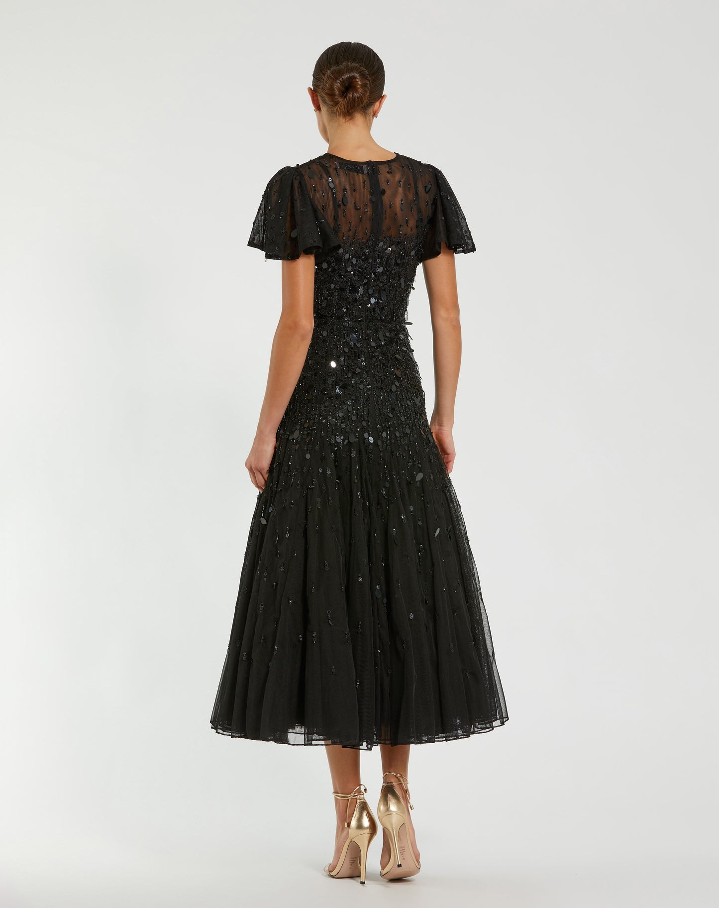 Mac Duggal 24018 Flutter Sleeve Sheer Top Beaded Dress