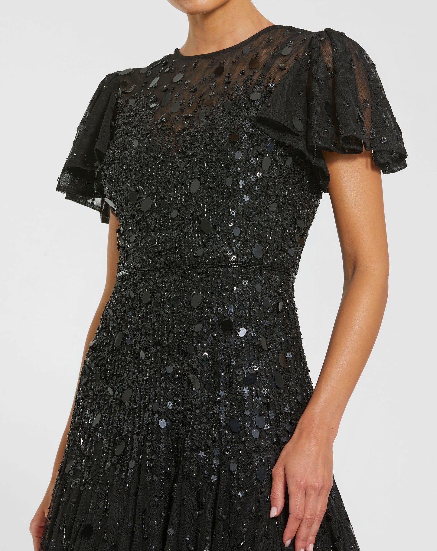 Mac Duggal 24018 Flutter Sleeve Sheer Top Beaded Dress