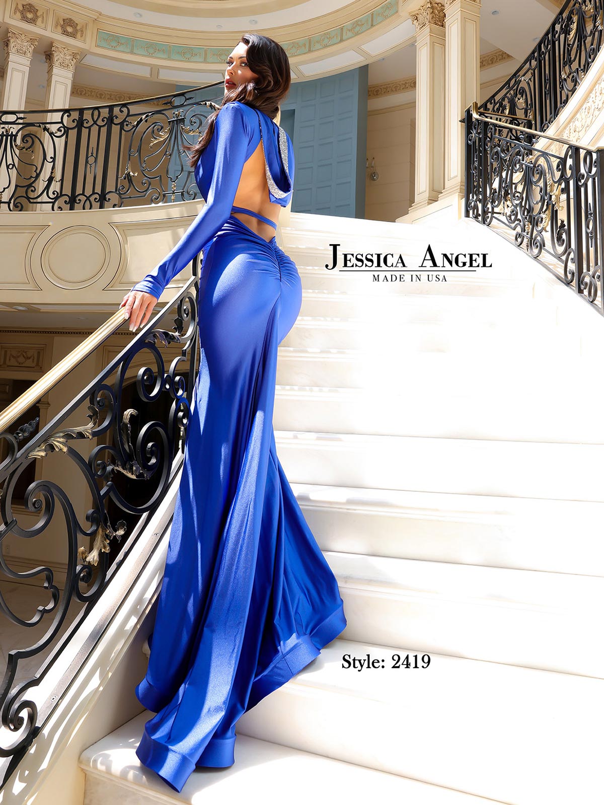 Jessica Angel Style JA2419 Jersey Glamorous Plunging Neckline Hooded Gown
