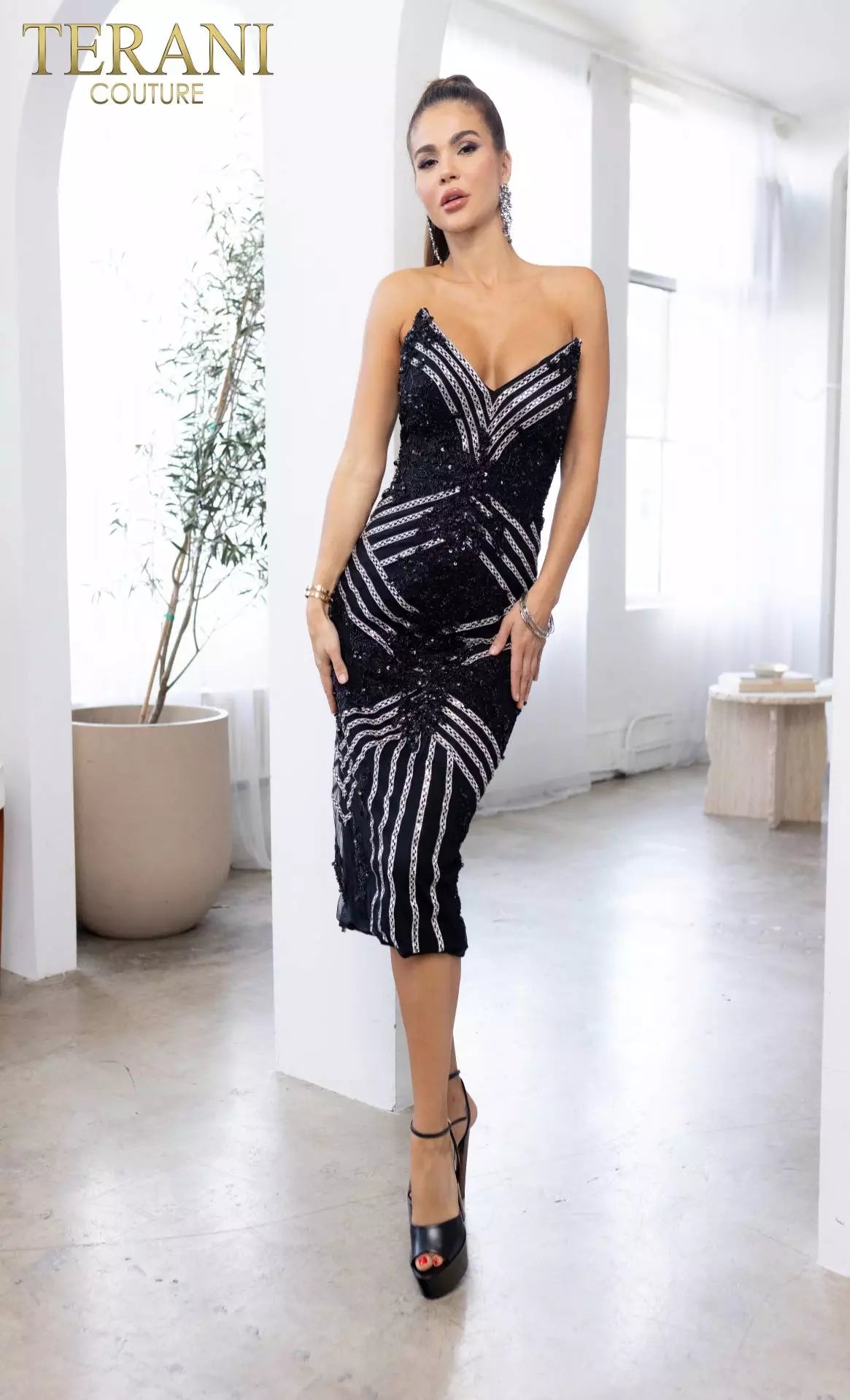 Terani Couture 241C2301 Bodycon Strapless Tulle Black Silver Column Evening Dress