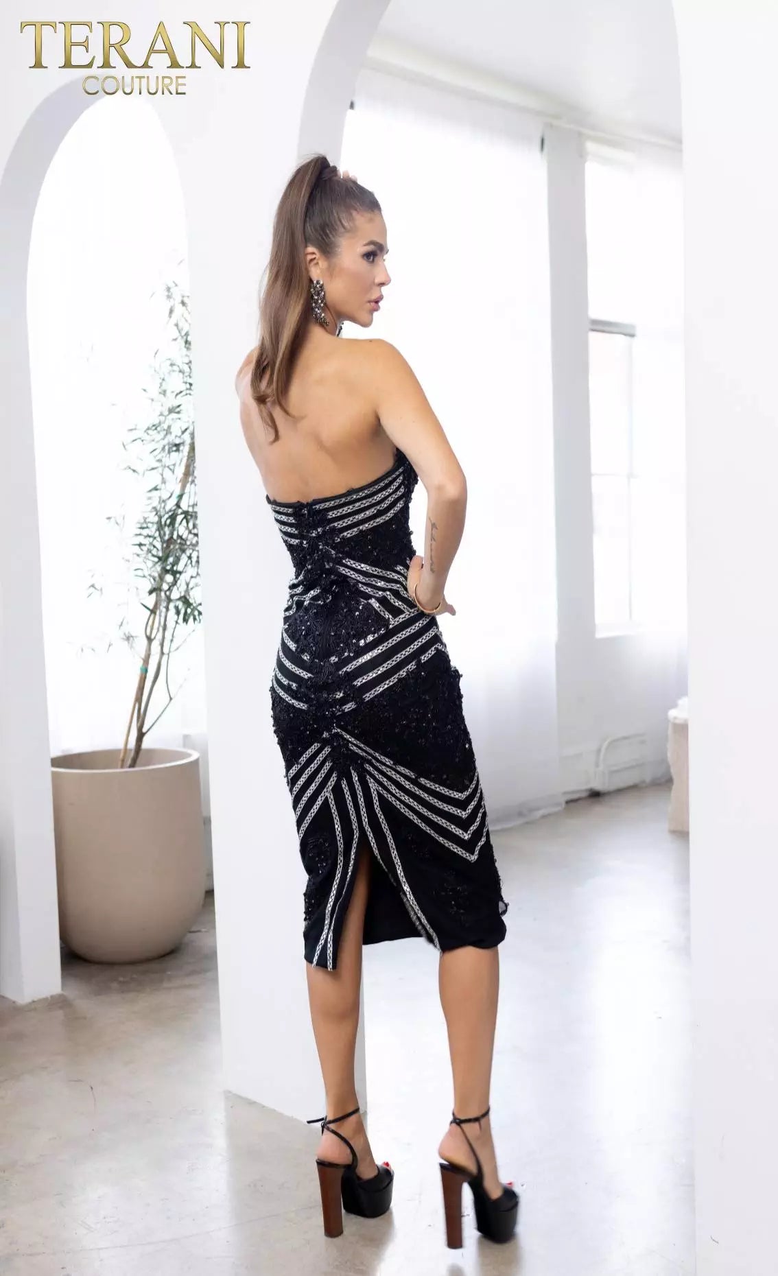 Terani Couture 241C2301 Bodycon Strapless Tulle Black Silver Column Evening Dress