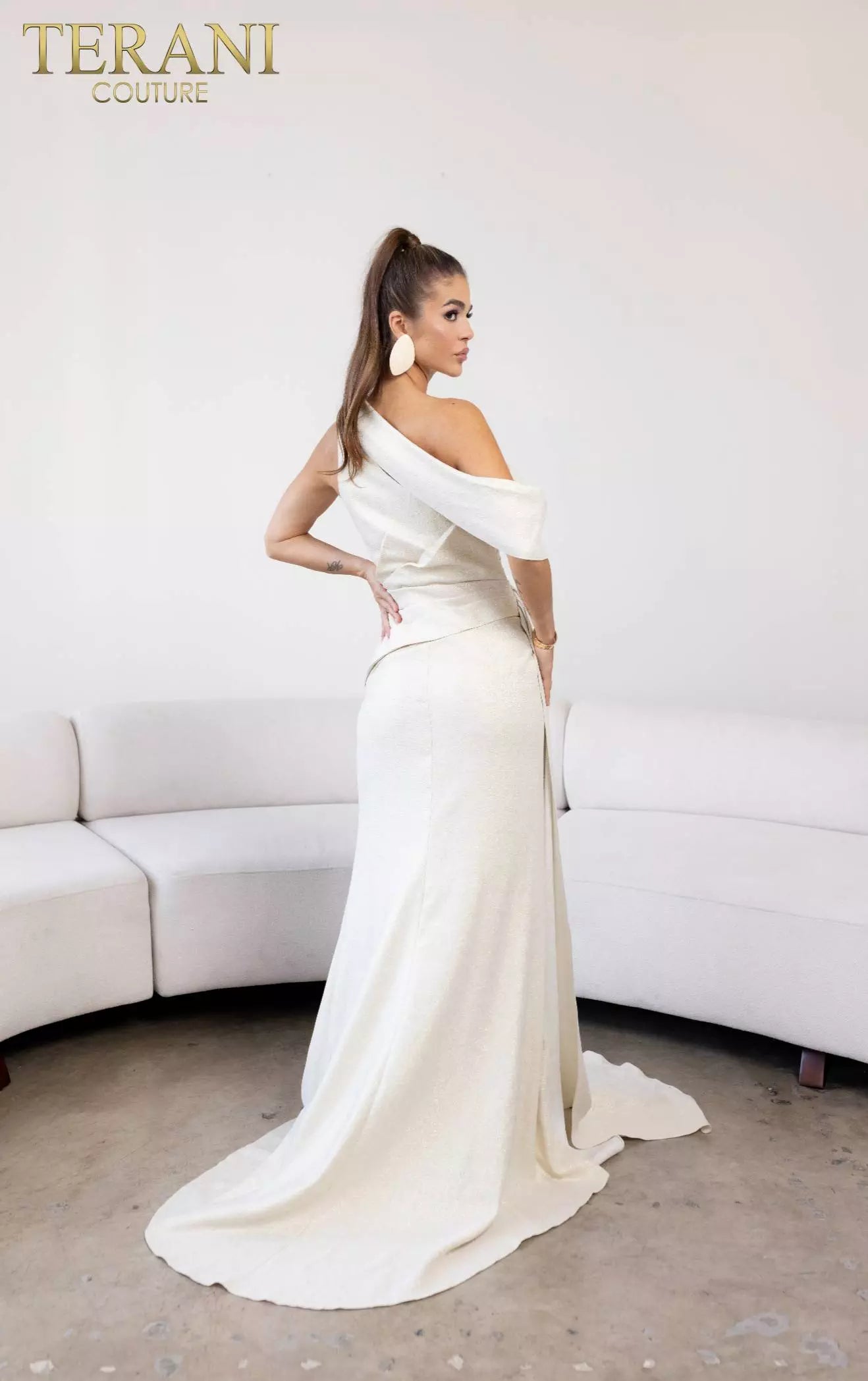 Terani Couture 241E2406 Asymmetrical Off-Shoulder Jacquard A-Line Gold Column Evening Dress