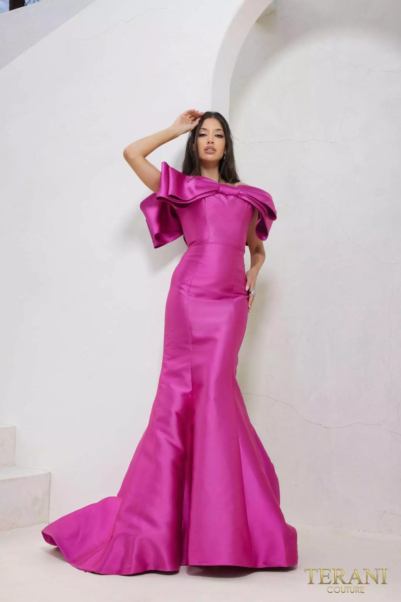 Terani Couture 241E2407 Trumpet Off-Shoulder Stretch Mikado Column Evening Dress B Chic Fashions Long Dress Evening Gowns