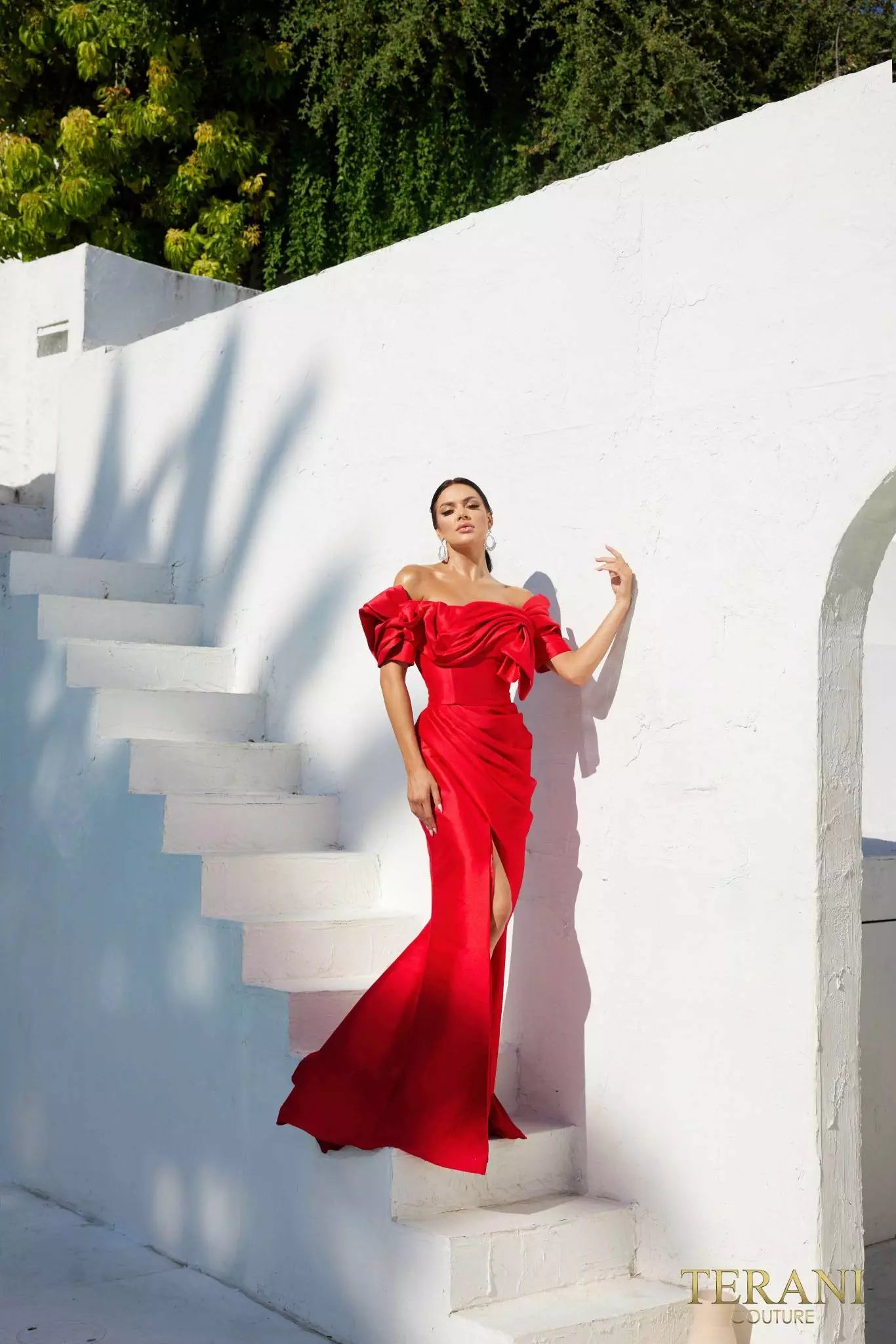 Terani Couture 241E2413 Trumpet Off-Shoulder Embroidered Stretch Mikado Column Evening Dress