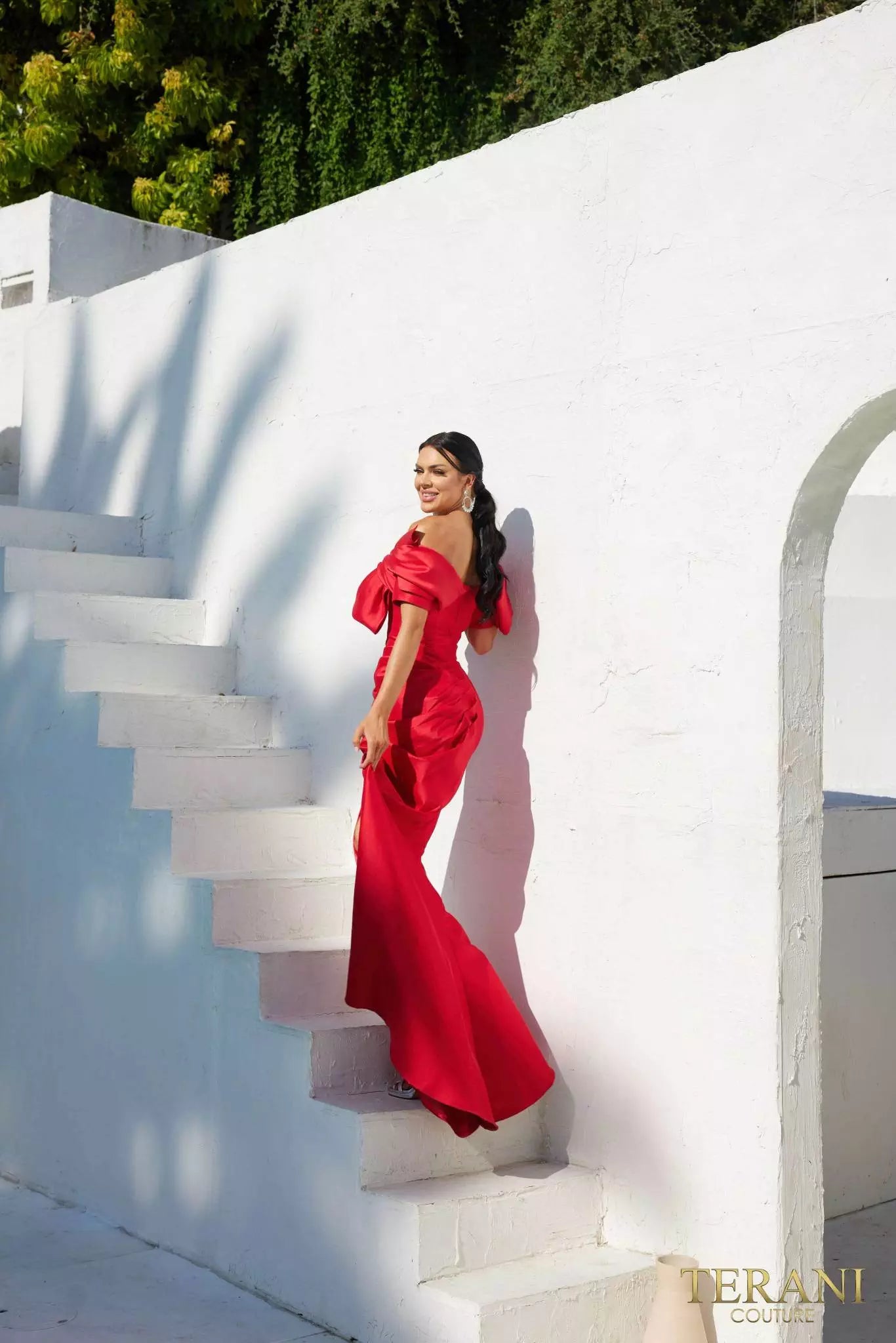 Terani Couture 241E2413 Trumpet Off-Shoulder Embroidered Stretch Mikado Column Evening Dress