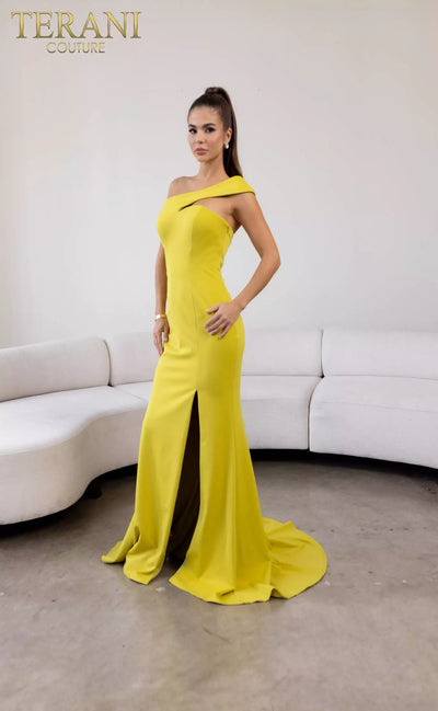 Terani Couture 241E2416 Asymmetrical Off-Shoulder Jersey Column Evening Dress