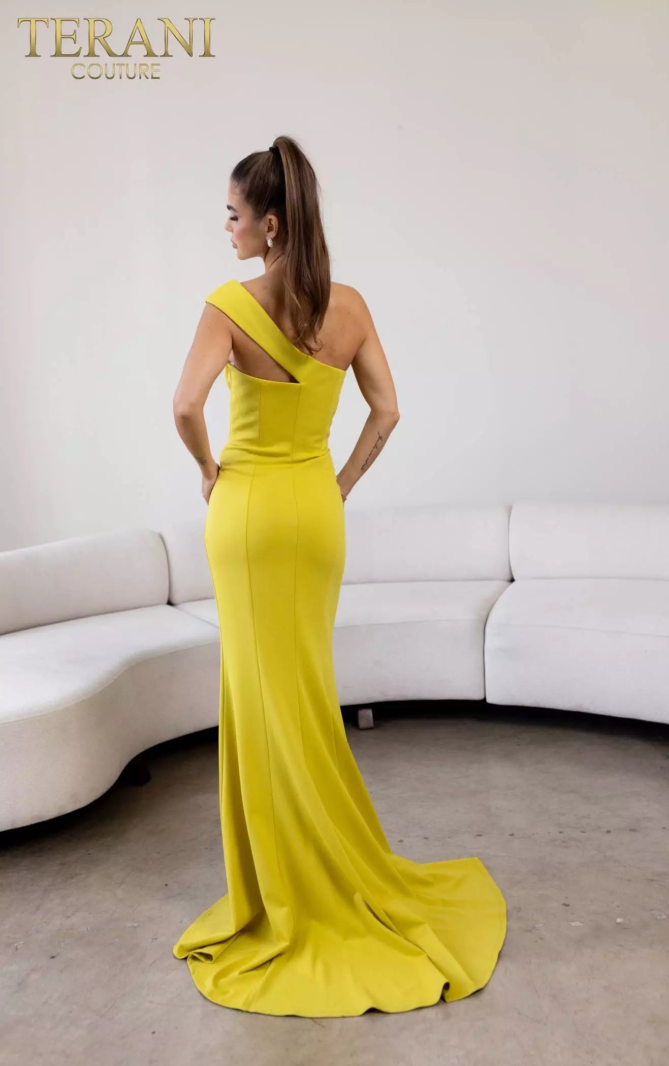 Terani Couture 241E2416 Asymmetrical Off-Shoulder Jersey Column Evening Dress