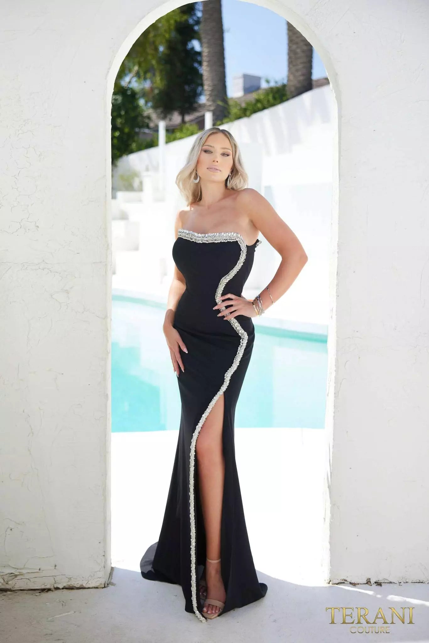 Terani Couture 241E2437 Strapless Sparkly Crepe Column Evening Dress B Chic Fashions Long Dress Evening Gowns