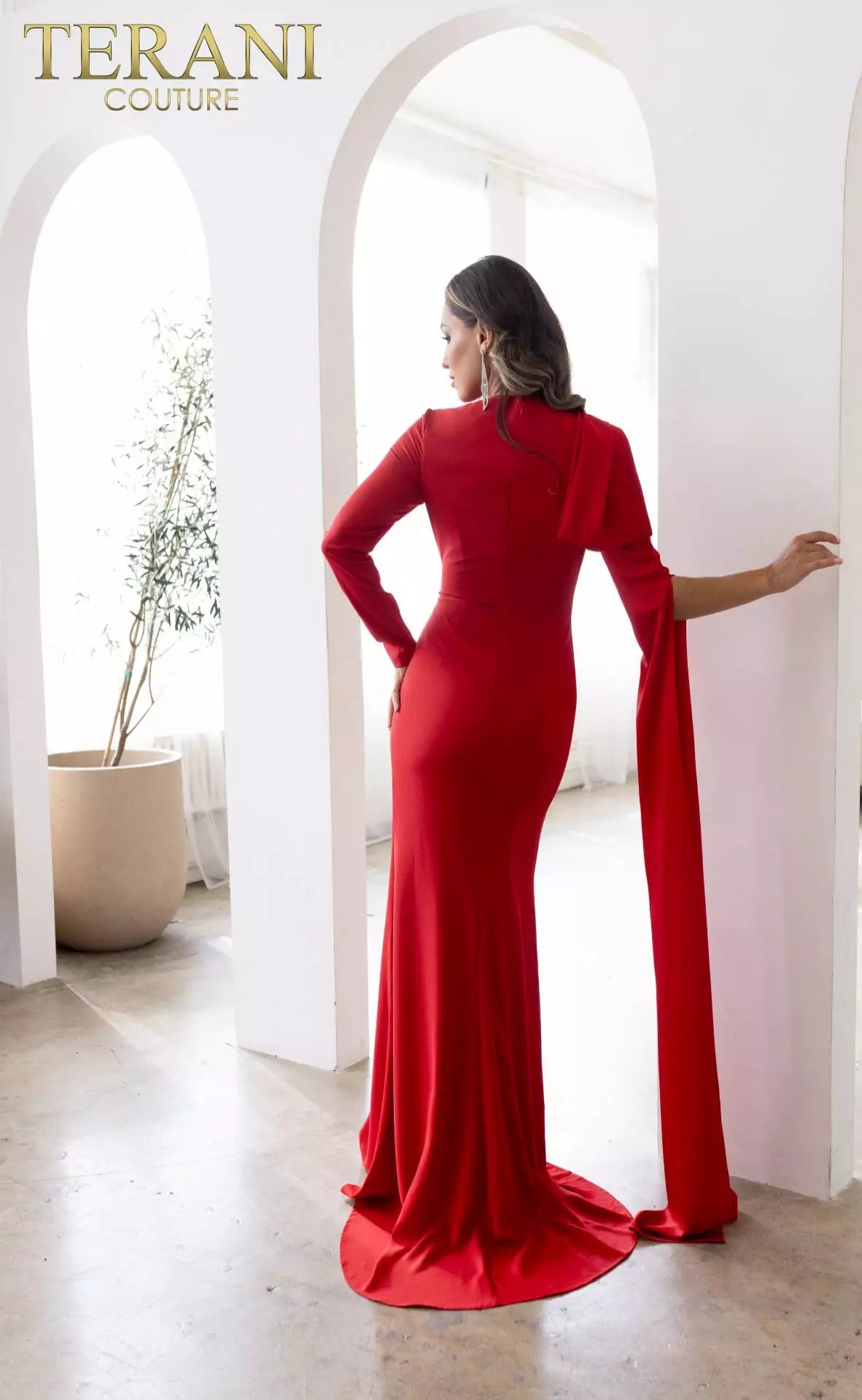 Terani Couture 241E2442 Long Sleeves Bodycon Crepe Back Satin Column Evening Dress