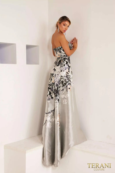 Terani Couture 241E2452 Strapless Jacquard Silver Black Evening Ballgown Dress