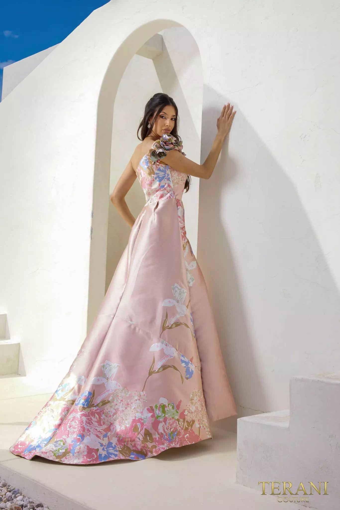 Terani Couture 241E2453 Asymmetrical Jacquard Silver Rose Column Evening Dress