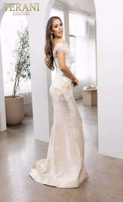 Terani Couture 241E2478 Off-Shoulder Trumpet Embroidered Mikado Column Evening Dress