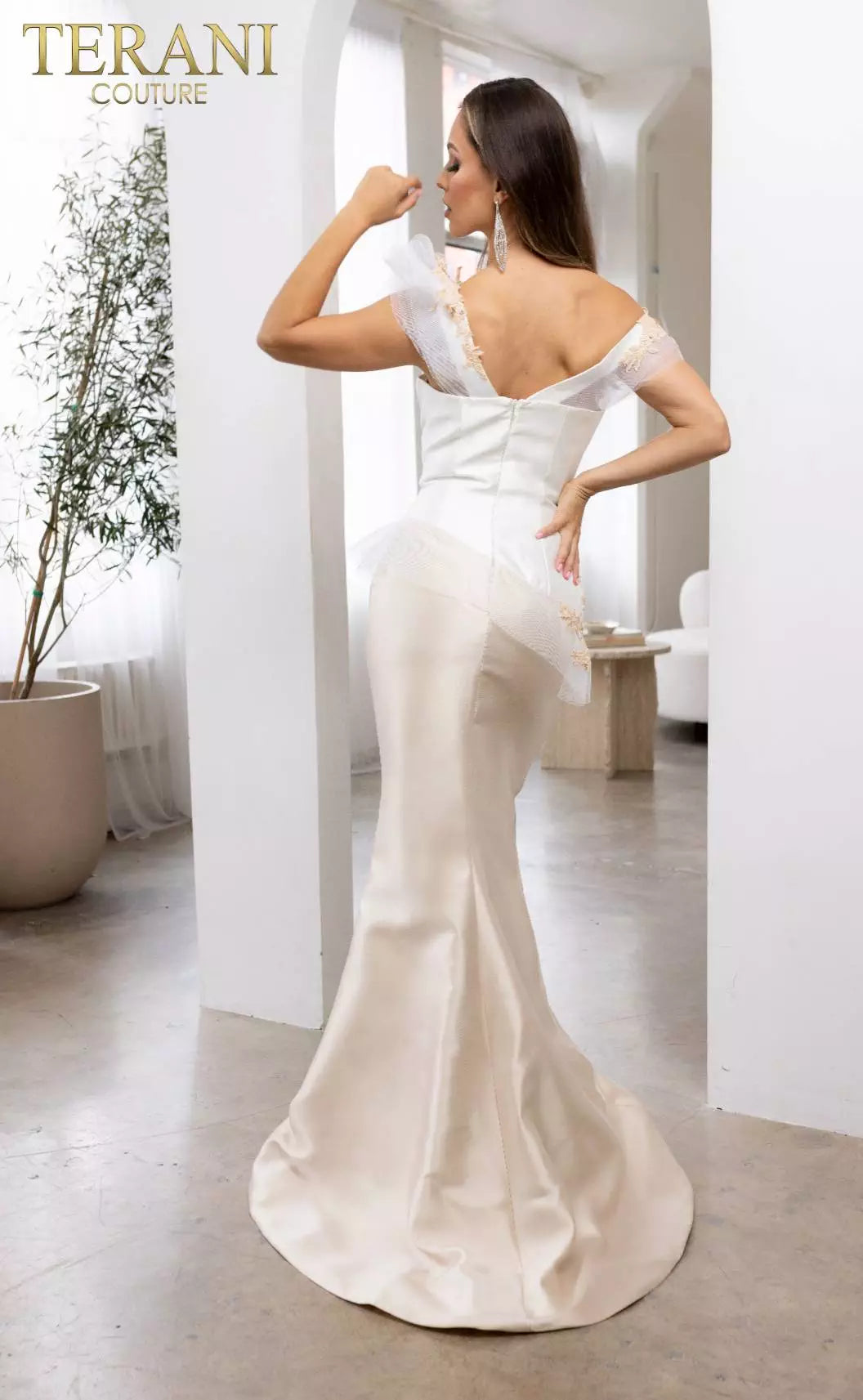 Terani Couture 241E2478 Off-Shoulder Trumpet Embroidered Mikado Column Evening Dress