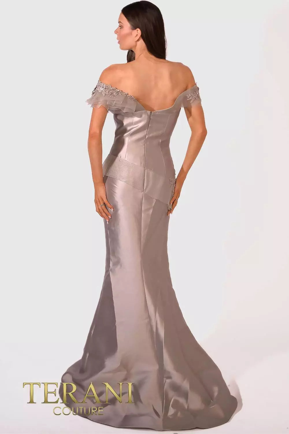 Terani Couture 241E2478 Off-Shoulder Trumpet Embroidered Mikado Column Evening Dress