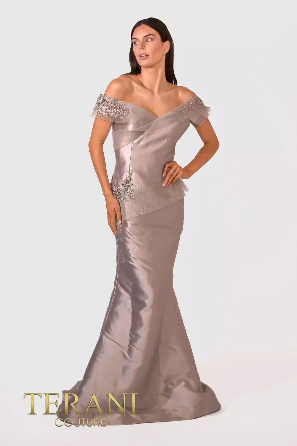 Terani Couture 241E2478 Off-Shoulder Trumpet Embroidered Mikado Column Evening Dress