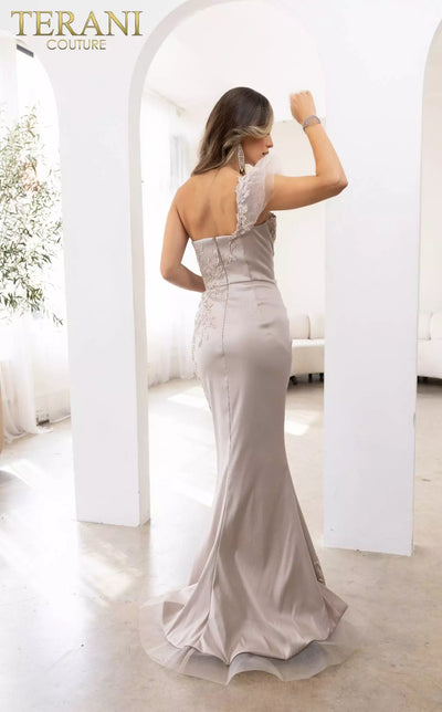 Terani Couture 241E2485 Asymmetrical Embroidered Off-Shoulder Trumpet Column Evening Dress