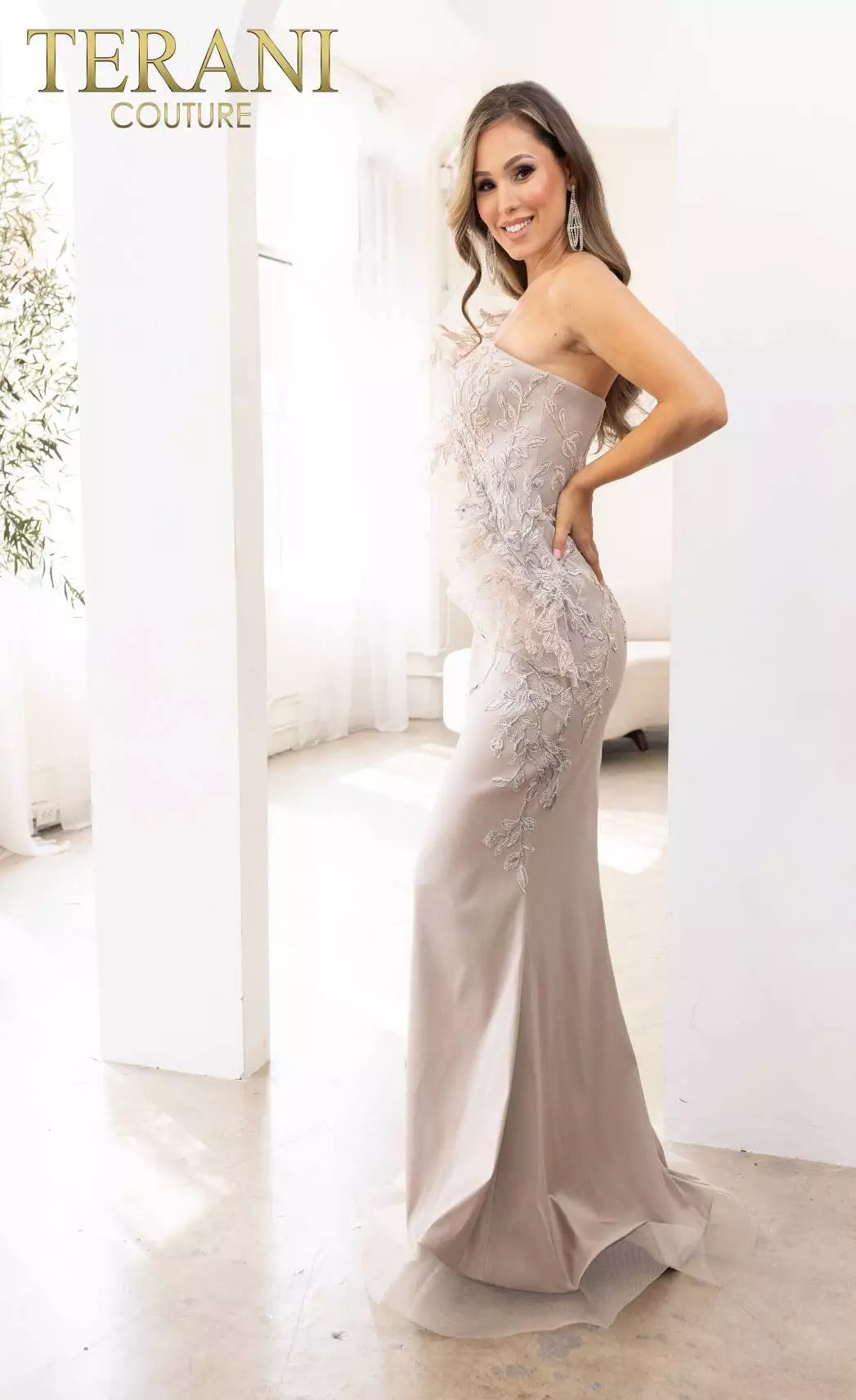 Terani Couture 241E2485 Asymmetrical Embroidered Off-Shoulder Trumpet Column Evening Dress