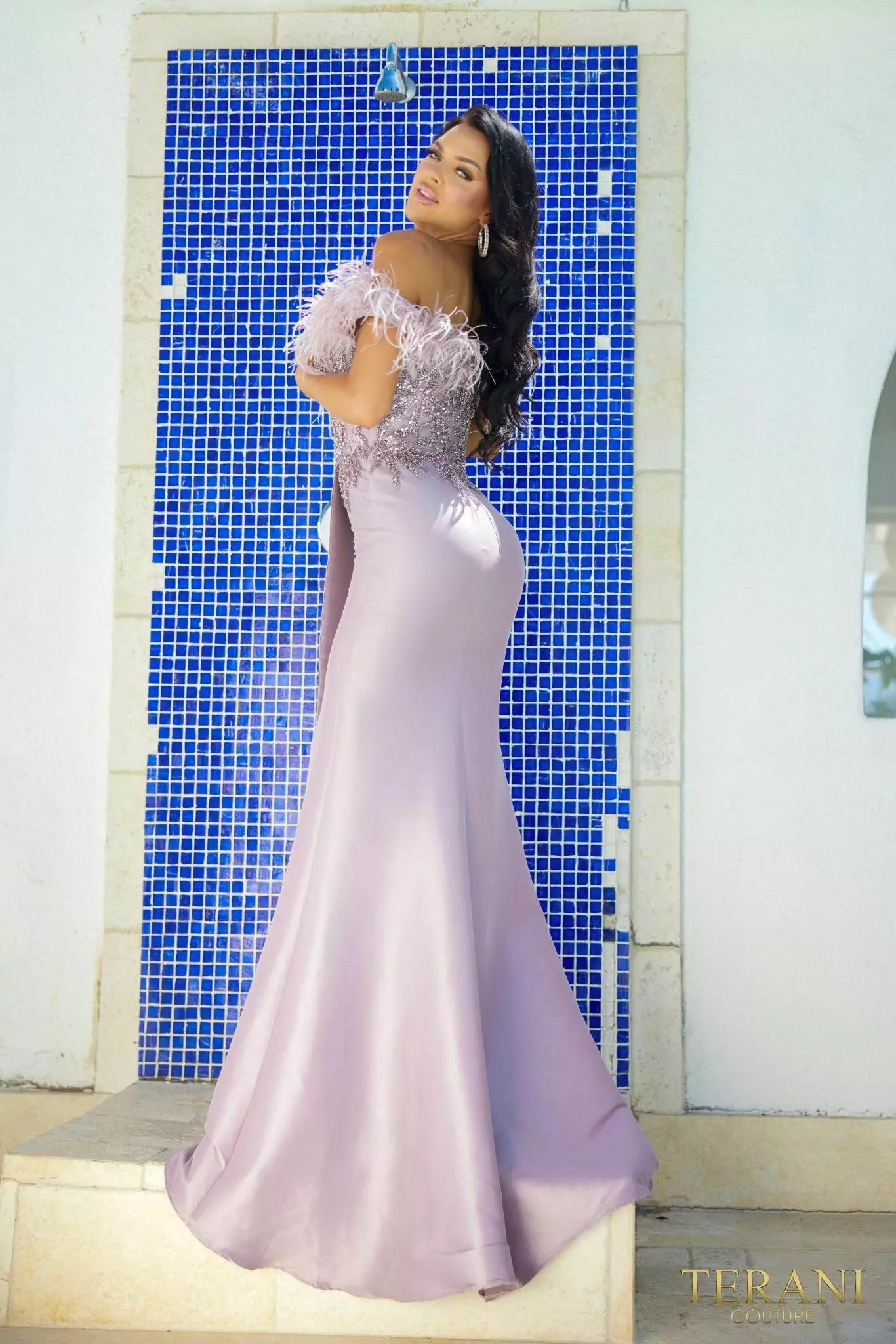 Terani Couture 241E2490 Trumpet Off-Shoulder Sparkly Column Evening Dress