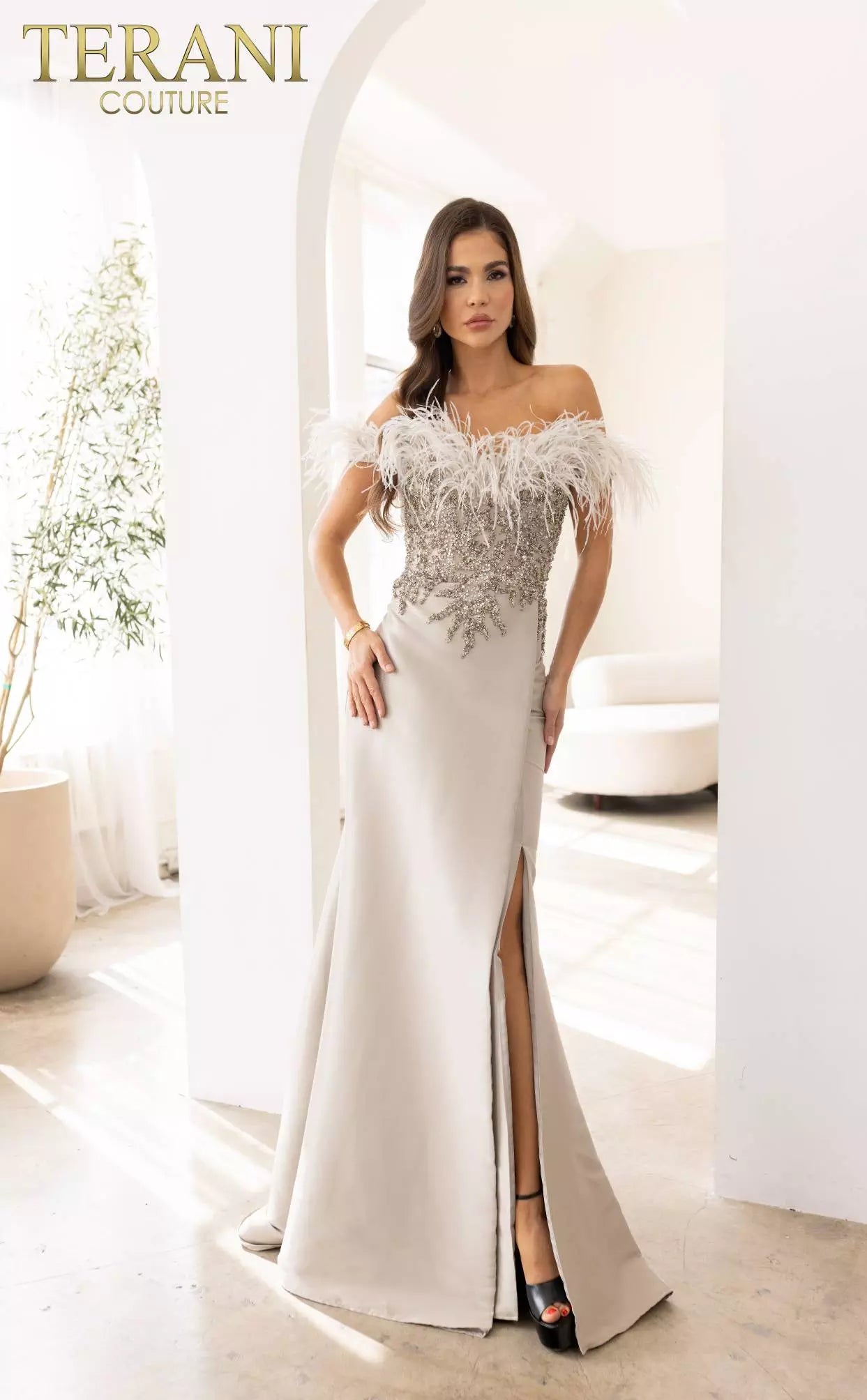 Terani Couture 241E2490 Trumpet Off-Shoulder Sparkly Column Evening Dress
